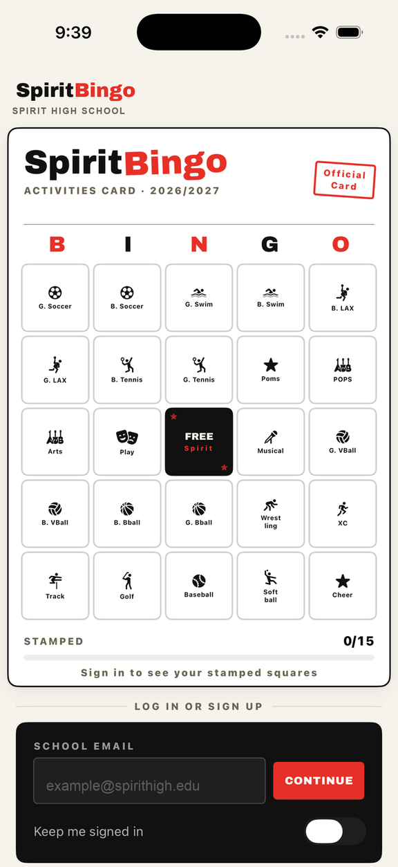 Screenshot of the SpiritBingo iOS app in its default look, showing an activities bingo card with sports and events as squares.
